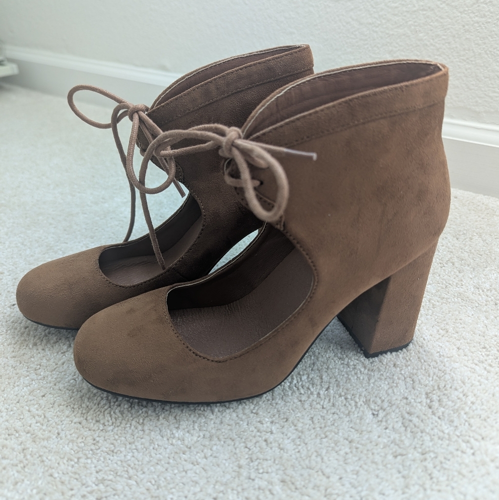 Qupid Brown Lace-Up Block Heels